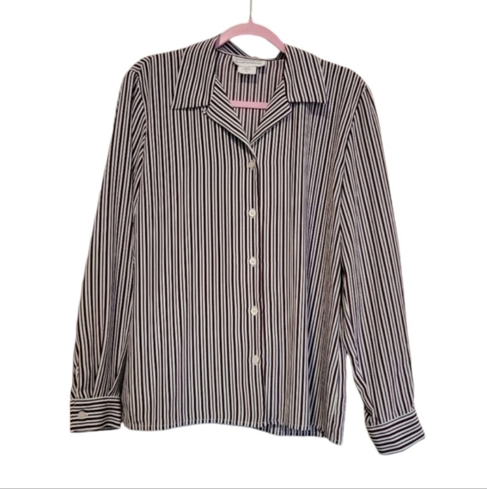 Haberdashery white, Maroon, grey stripped long sleeve button up blouse. SZ 12